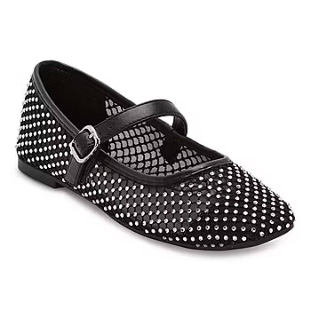 Mary Jane Shoes 10M Black - Mesh Rhinestone Bling Ballet Flat Square Toe Loafer